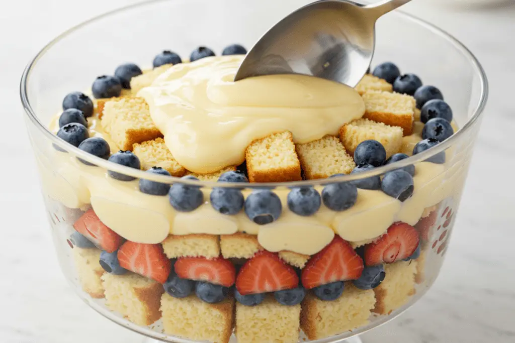 A glass trifle dish filled with layers of colorful cake, creamy pudding, and fresh berries, creating a vibrant Easter dessert.