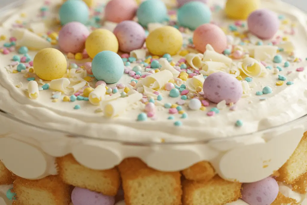 A beautifully decorated Easter trifle with pastel sprinkles, mini chocolate eggs, and white chocolate shavings on top.