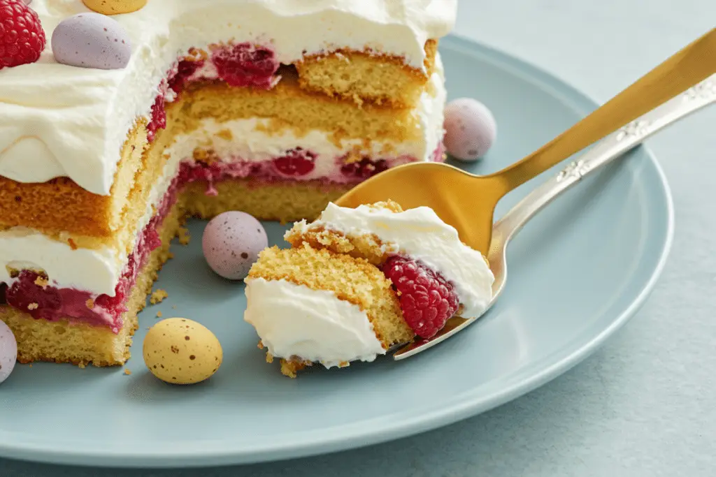 A serving of Easter trifle on a pastel plate, showcasing its vibrant layers of cake, pudding, and berries, ready to be enjoyed.