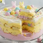 Homemade Easter trifle dessert with layers of sponge cake, pastel vanilla pudding, and whipped cream, topped with chocolate eggs and sprinkles, set on a festive Easter-themed table