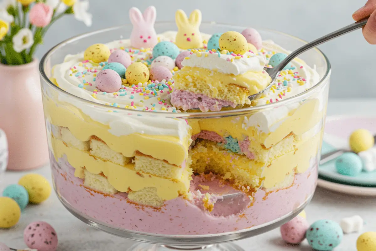 Homemade Easter trifle dessert with layers of sponge cake, pastel vanilla pudding, and whipped cream, topped with chocolate eggs and sprinkles, set on a festive Easter-themed table