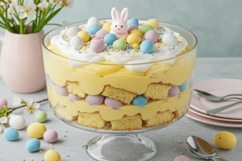 Homemade Easter trifle dessert with layers of sponge cake, pastel vanilla pudding, and whipped cream, topped with chocolate eggs and sprinkles, set on a festive Easter-themed table