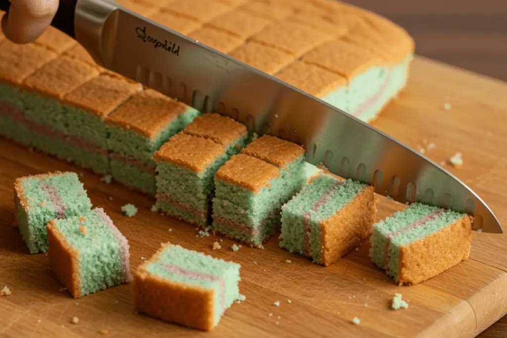 A pastel sponge cake being cut into cubes on a wooden board, ready to be layered into a festive Easter trifle.