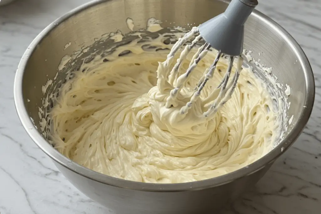 Cream cheese frosting being whipped to perfection, smooth and creamy, ready to decorate the cake.