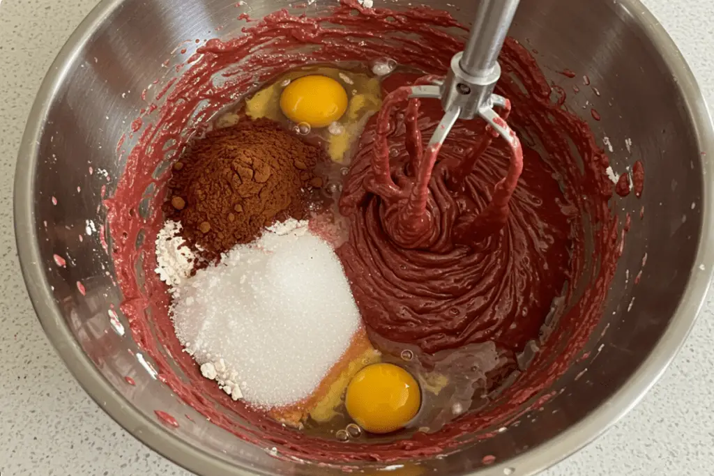 Red velvet cake batter poured into round cake pans and baked to create two fluffy, even layers.