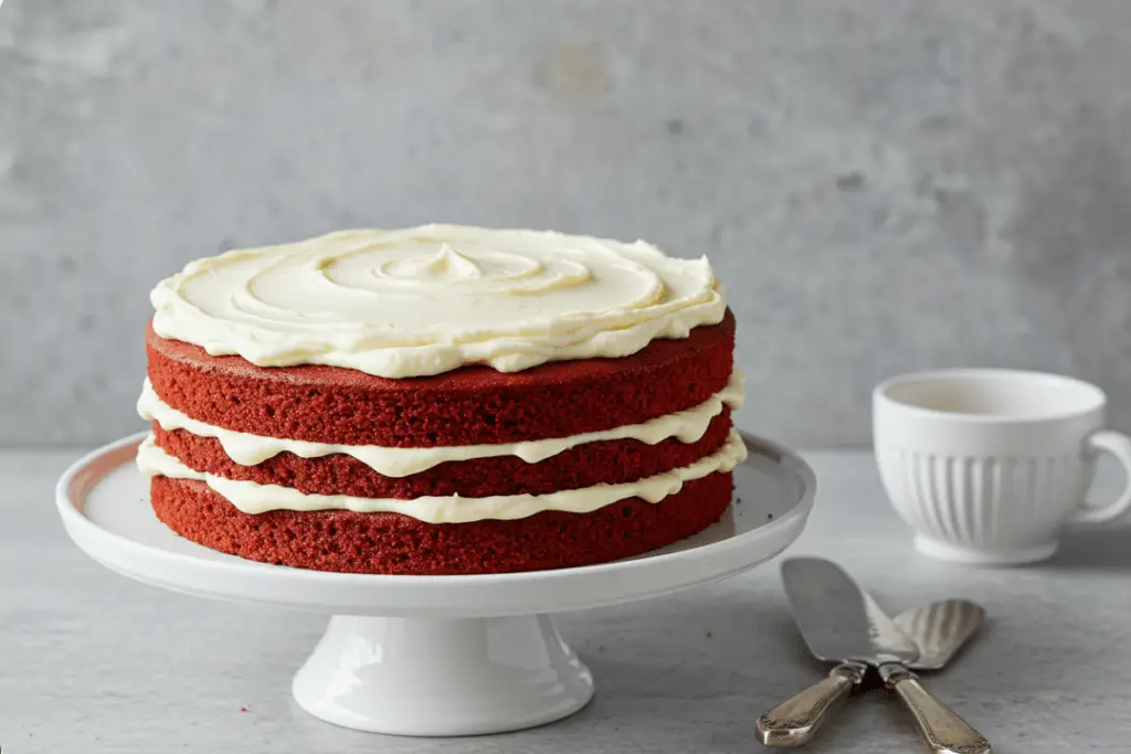 Red velvet cake layers stacked with a thick layer of cream cheese frosting between them, ready for decoration.