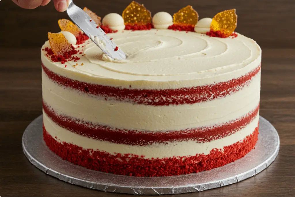 The Gryffindor’s layer cake is decorated with smooth cream cheese frosting, red velvet cake crumbs, and gold accents for a stunning finish.