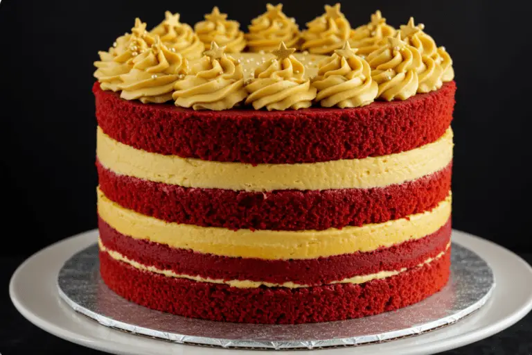 Homemade Gryffindor Layer Cake with alternating red velvet and golden buttercream layers, topped with edible gold stars and set on an elegant cake stand in a magical, warm glow.