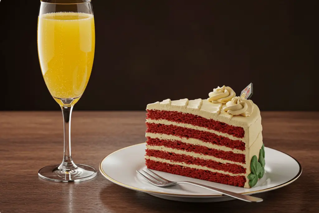 A slice of Gryffindor’s Layer Cake with cream cheese frosting, served with a refreshing drink and showcasing the vibrant red velvet layers.