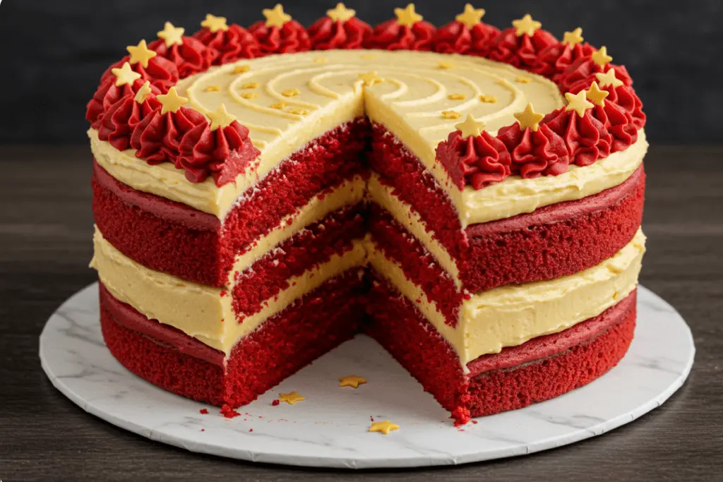 Homemade Gryffindor Layer Cake with alternating red velvet and golden buttercream layers, topped with edible gold stars and set on an elegant cake stand in a magical, warm glow.