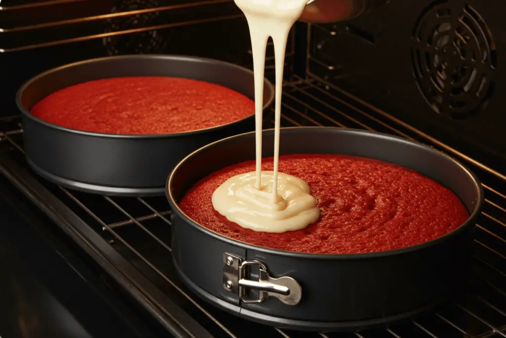 Red velvet cake batter poured into round cake pans and baked to create two fluffy, even layers.