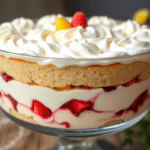 A festive homemade Easter trifle dessert with layers of sponge cake, vanilla custard, and whipped cream, topped with pastel sprinkles, mini chocolate eggs, and fresh berries in a bright spring setting.