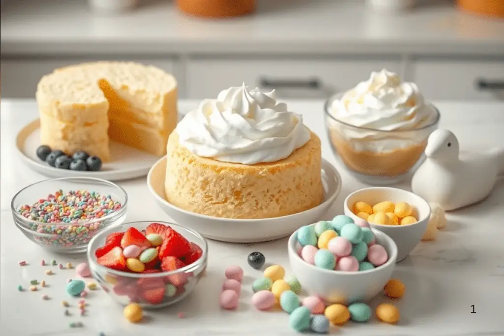 A kitchen counter filled with trifle ingredients, including sponge cake, custard, whipped cream, and fresh berries, ready to create a festive Easter dessert.

