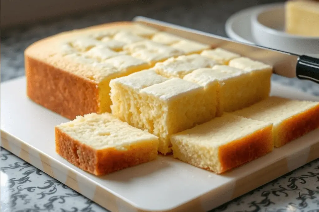 A freshly baked sponge cake being cut into cubes, the perfect base for a layered Easter trifle.