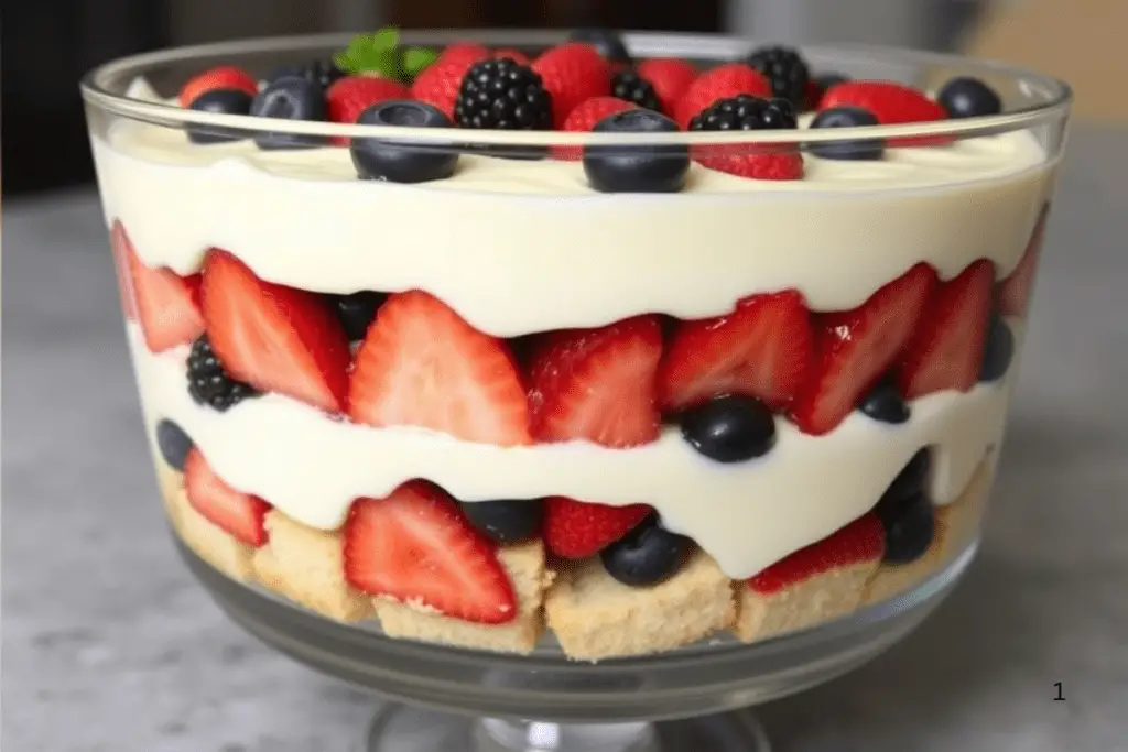 A glass trifle dish showcasing layers of golden sponge cake, rich vanilla custard, and fresh berries for a delicious Easter treat.

