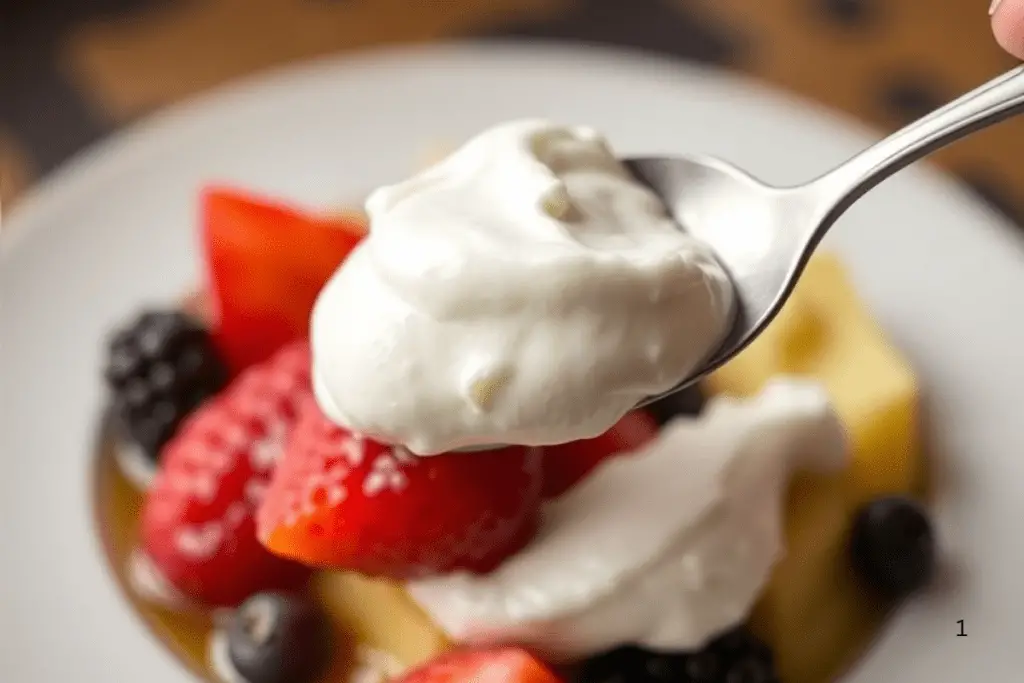 A spoon spreading a thick, fluffy layer of whipped cream over the custard and fruit, creating a light and creamy trifle topping.