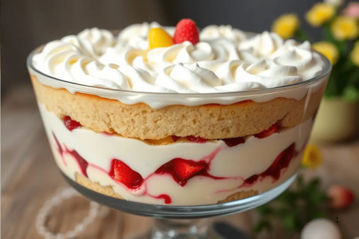 A festive homemade Easter trifle dessert with layers of sponge cake, vanilla custard, and whipped cream, topped with pastel sprinkles, mini chocolate eggs, and fresh berries in a bright spring setting.