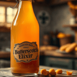 A glowing bottle of Honeydukes Sweet Butterscotch Elixir with a vintage-style label, set on a rustic counter with butterscotch candies and a magical golden shimmer, evoking the charm of the wizarding world.