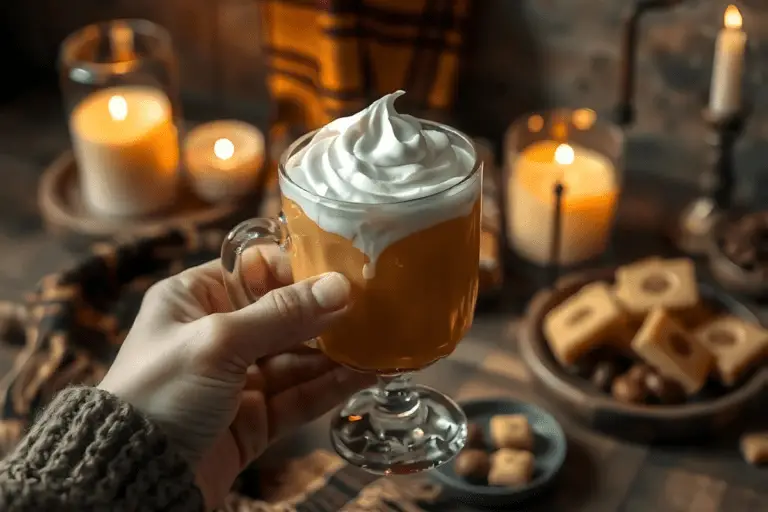 A hand holding a goblet of butterscotch elixir, with whipped cream melting into the golden drink in a magical Honeydukes-inspired setting.