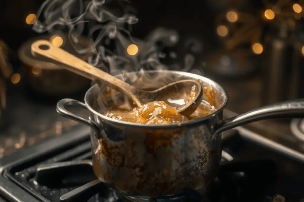 A saucepan with melted butter and brown sugar bubbling together, creating a golden butterscotch syrup with a magical glow.