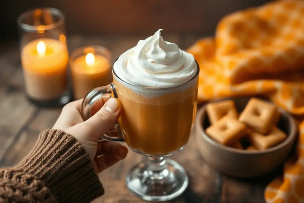 A hand holds a glass mug filled with a golden Honeydukes-inspired beverage topped with whipped cream.  This image evokes a cozy, magical atmosphere, perfect for a sweet butterscotch elixir. Find the Butterscotch drink recipe and create your own magical elixir at home!