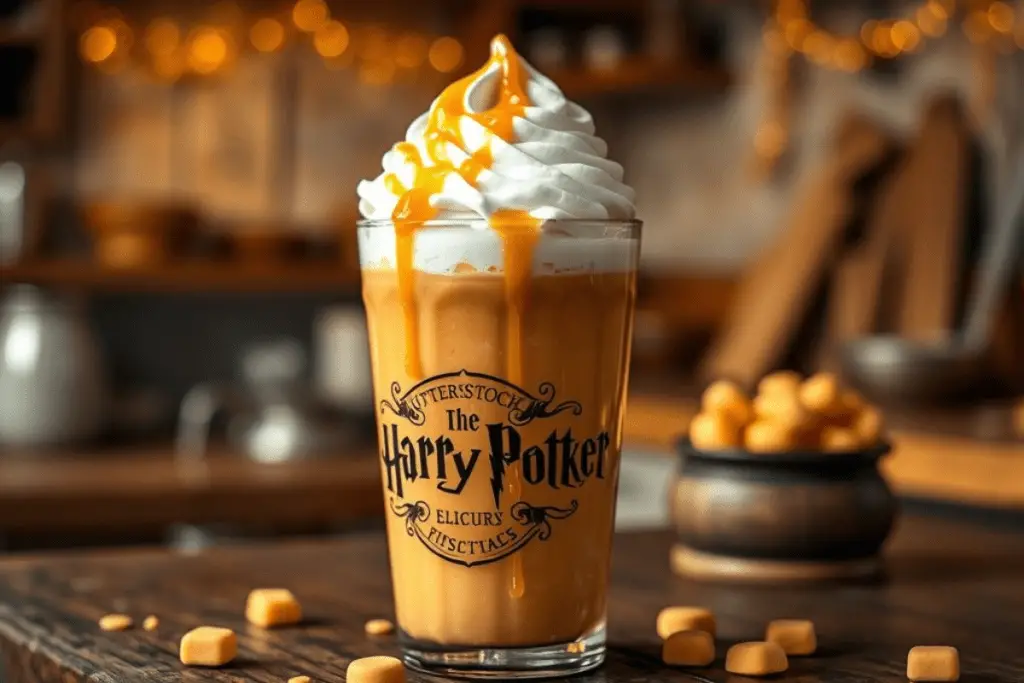 A glass of golden butterscotch elixir topped with whipped cream and drizzled with butterscotch sauce, set on a rustic counter with scattered candies and a magical golden shimmer, capturing the charm of Honeydukes.