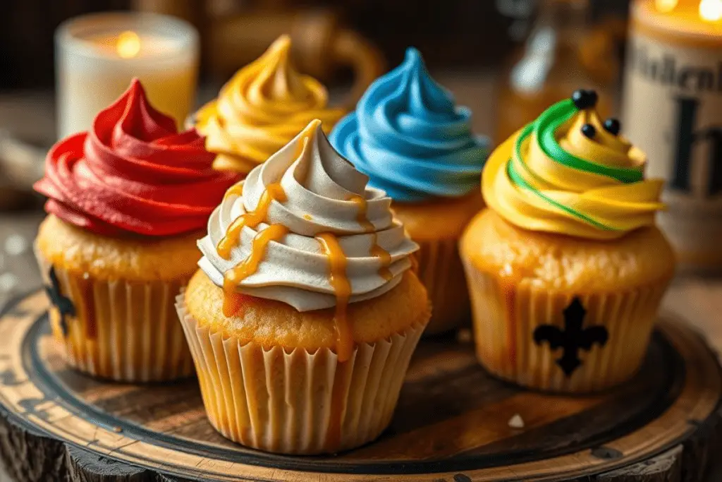 Golden Butterbeer cupcakes topped with swirled frosting in Hogwarts house colors, drizzled with butterscotch sauce and sprinkled with edible shimmer. Set on a rustic platter with warm candlelight, capturing the magic of Hogwarts pride.