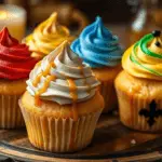 Golden Butterbeer cupcakes topped with swirled frosting in Hogwarts house colors, drizzled with butterscotch sauce and sprinkled with edible shimmer. Set on a rustic platter with warm candlelight, capturing the magic of Hogwarts pride.