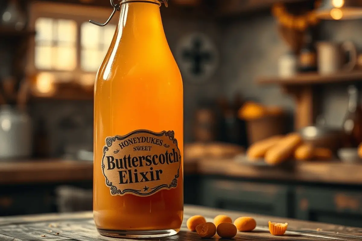 A glowing bottle of Honeydukes Sweet Butterscotch Elixir with a vintage-style label, set on a rustic counter with butterscotch candies and a magical golden shimmer, evoking the charm of the wizarding world.