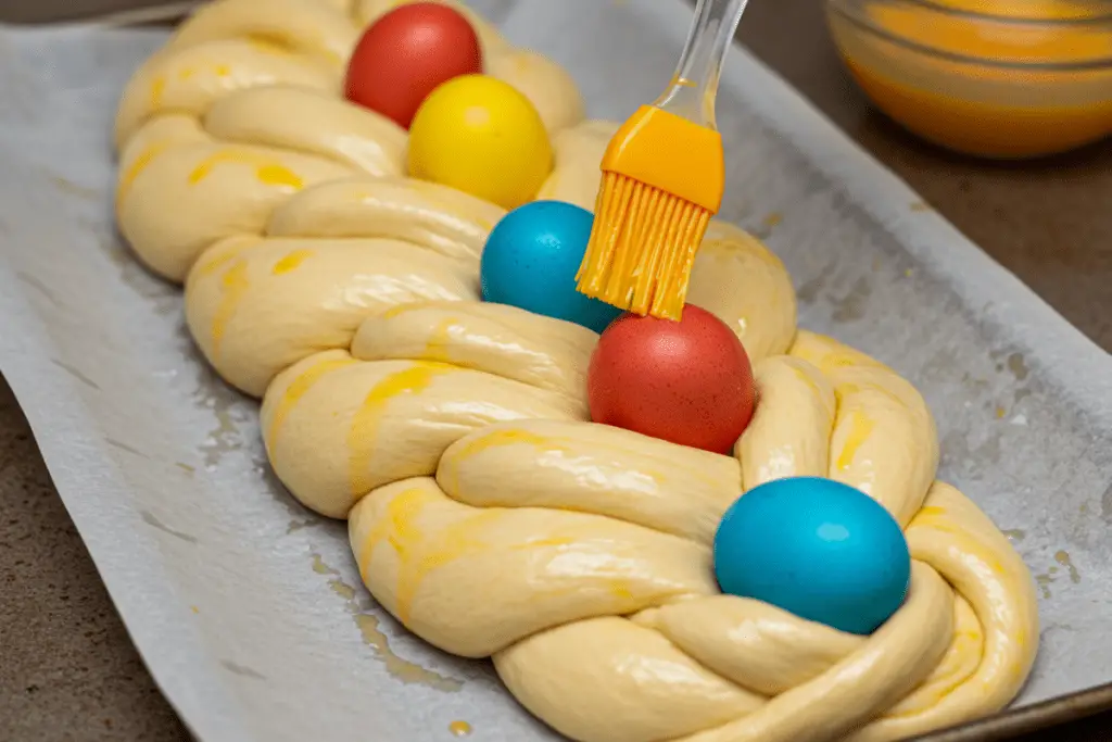 Colorful dyed eggs resting in the braided Italian Easter bread dough, which has been brushed with egg wash for a shiny, golden crust.