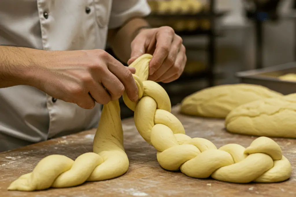 A perfectly kneaded dough resting in a bowl, covered with a kitchen towel, rising to create a light and airy Italian Easter bread.