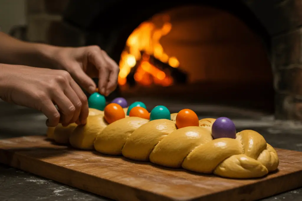 A baker braiding soft, golden dough into a traditional Italian Easter bread shape, preparing it for baking.