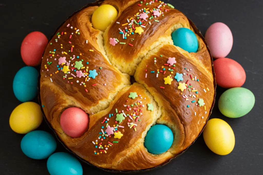 A golden-brown Italian Easter bread decorated with colorful sprinkles and dyed eggs, ready to be served for a festive Easter celebration.