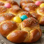 golden-brown braided Italian Easter bread adorned with colorful sprinkles and dyed Easter eggs, set on a rustic wooden table with spring flowers in the background.