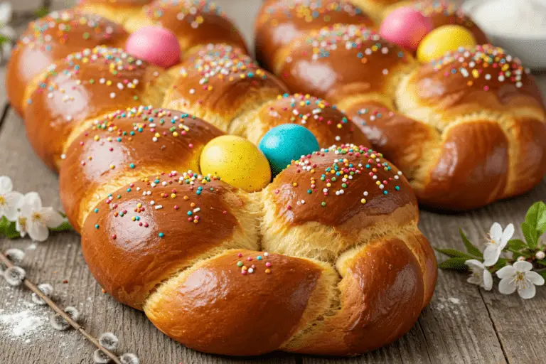 golden-brown braided Italian Easter bread adorned with colorful sprinkles and dyed Easter eggs, set on a rustic wooden table with spring flowers in the background.