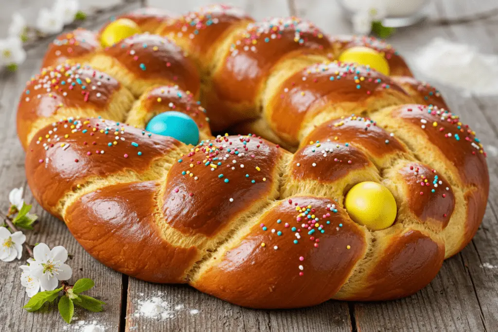 golden-brown braided Italian Easter bread adorned with colorful sprinkles and dyed Easter eggs, set on a rustic wooden table with spring flowers in the background.