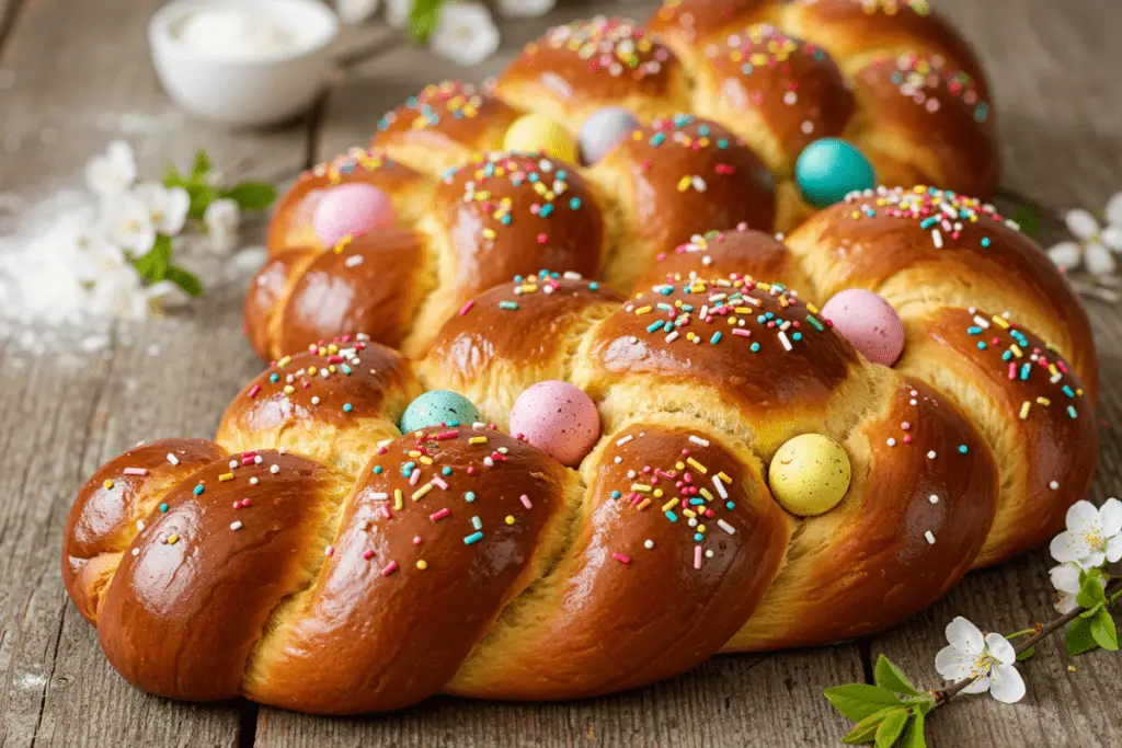 golden-brown braided Italian Easter bread adorned with colorful sprinkles and dyed Easter eggs, set on a rustic wooden table with spring flowers in the background.