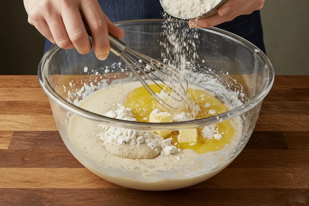 A bowl of yeast, warm milk, and sugar being mixed, forming the base for a soft and fluffy Italian Easter bread dough.