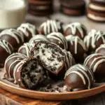 Homemade Oreo truffles coated in rich chocolate and drizzled with white chocolate, with a creamy Oreo filling inside. Served on a rustic wooden board with Oreo crumbs and a glass of milk in the background.