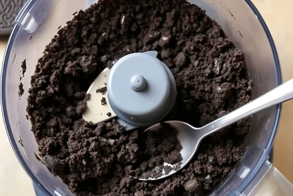 A food processor blending Oreo cookies into fine crumbs, creating a smooth, chocolatey base for truffles.