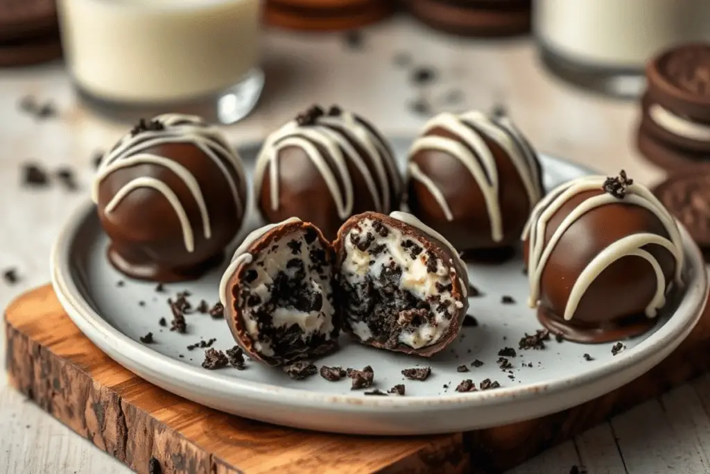 Homemade Oreo truffles coated in rich chocolate and drizzled with white chocolate, with a creamy Oreo filling inside. Served on a rustic wooden board with Oreo crumbs and a glass of milk in the background.