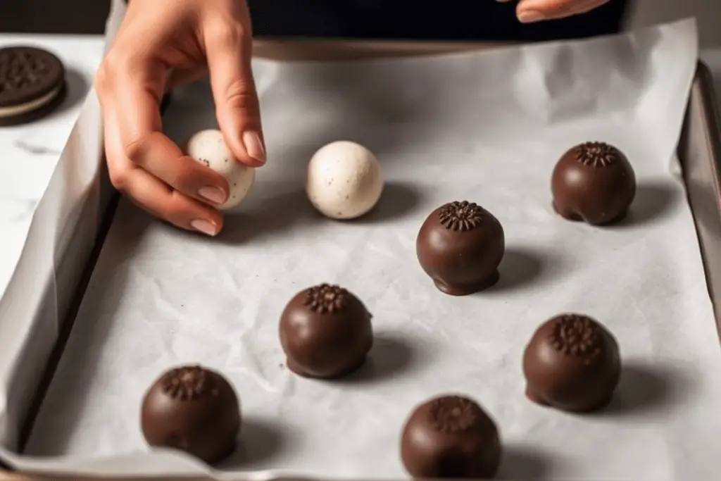 A parchment-lined tray filled with smooth, round Oreo truffle balls, ready to be chilled before dipping in chocolate.