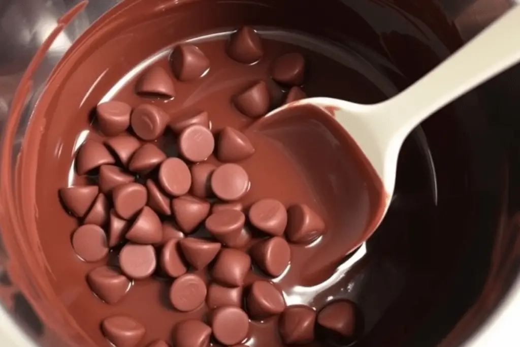 A bowl of melted chocolate with an Oreo truffle being dipped, coating it in a smooth, glossy chocolate shell.