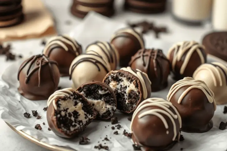 Homemade Oreo truffles coated in chocolate, drizzled for decoration, and filled with a creamy Oreo and cream cheese center. Served on parchment paper with Oreo crumbs and a glass of milk in the background.