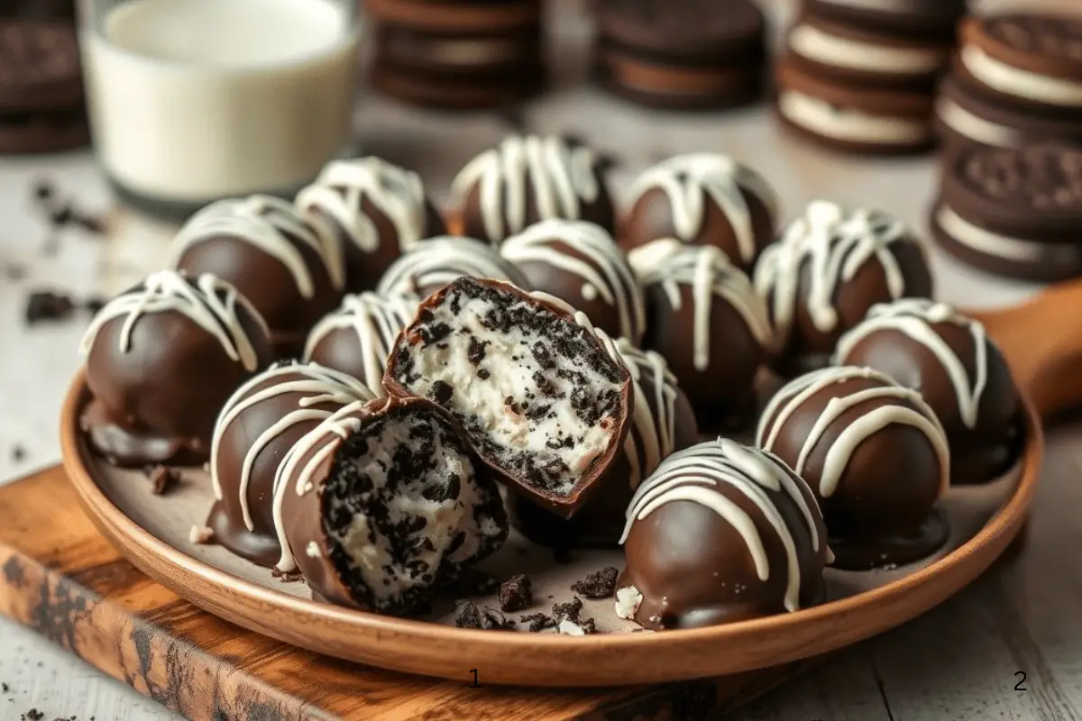 Homemade Oreo truffles coated in rich chocolate and drizzled with white chocolate, with a creamy Oreo filling inside. Served on a rustic wooden board with Oreo crumbs and a glass of milk in the background.