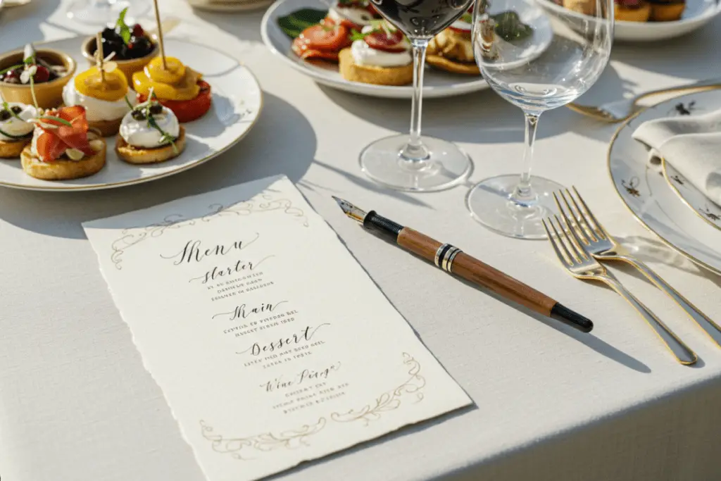 A carefully designed dinner menu with course details and wine pairings, placed next to a beautifully set table of appetizers and drinks