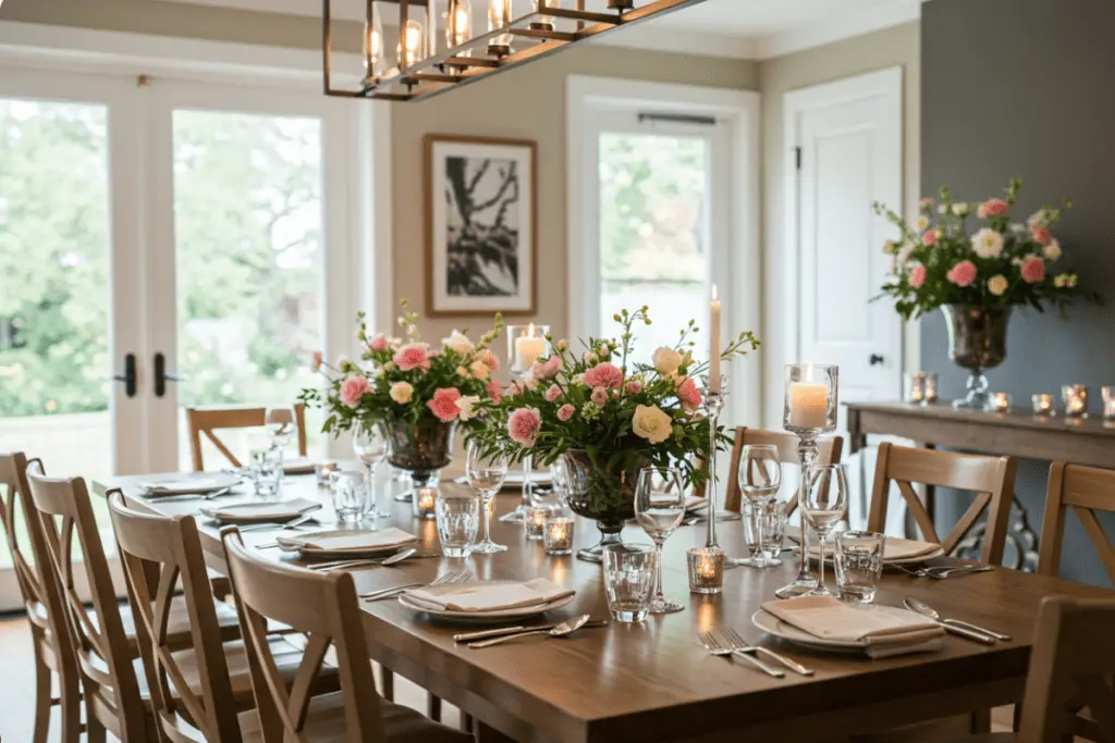 A well-prepared dining space with an elegantly set table, fresh flowers, and candlelight, perfect for a dinner party atmosphere.