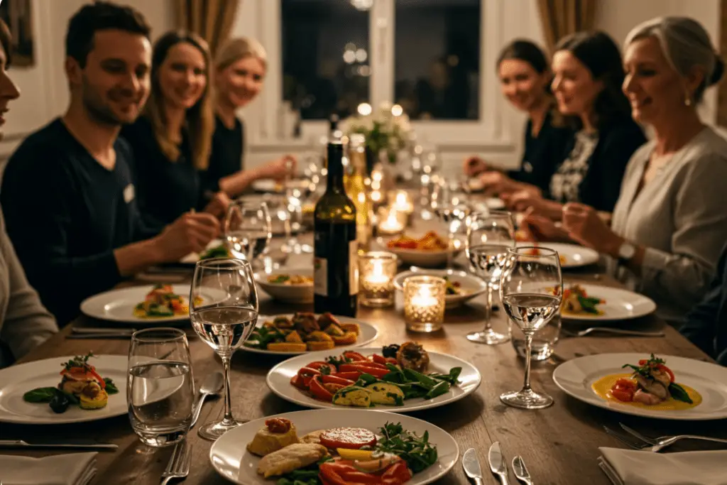 How to host a successful dinner party with an elegant table setting, including appetizers, main dishes, and dessert, surrounded by soft lighting, fresh flowers, and smiling guests in a warm atmosphere.