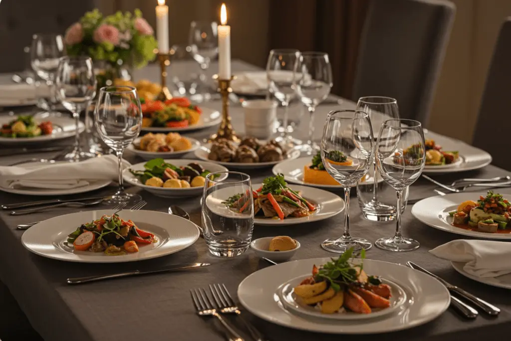 How to host a successful dinner party with an elegant table setting, including appetizers, main dishes, and dessert, surrounded by soft lighting, fresh flowers, and smiling guests in a warm atmosphere.