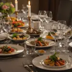 How to host a successful dinner party with an elegant table setting, including appetizers, main dishes, and dessert, surrounded by soft lighting, fresh flowers, and smiling guests in a warm atmosphere.